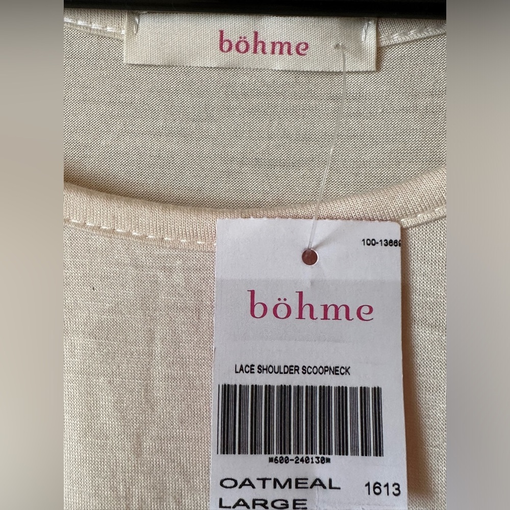 Böhme•lace shoulder crew neck top•size large•3/4 bell sleeve•rayon•ivory/cream - Picture 3 of 13